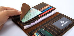 Leather Men Travel Wallet Passport Wallet Bifold Long Wallets for Men