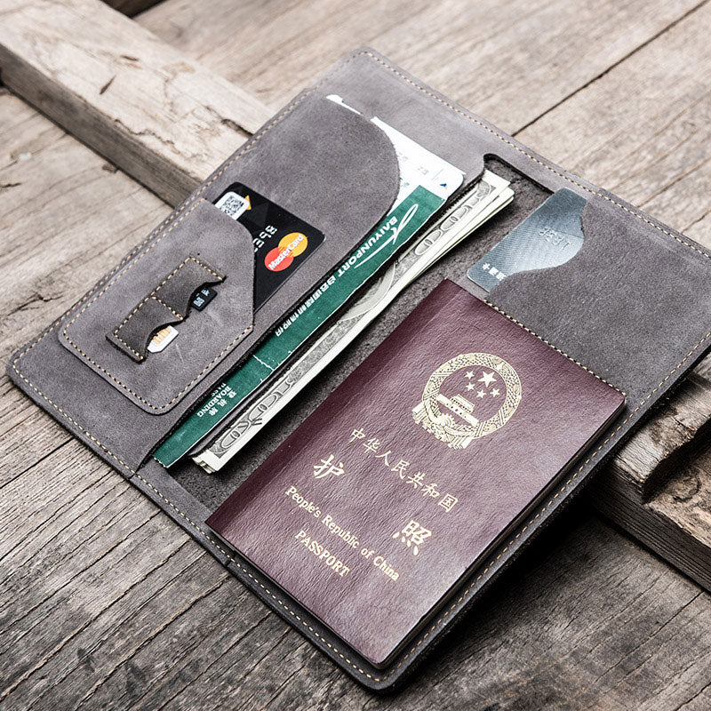 Leather Men Travel Wallet Passport Wallet Bifold Long Wallets for Men