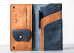 Leather Men Travel Wallet Passport Wallet Bifold Long Wallets for Men