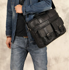 Leather Mens Black Briefcase Shoulder Bag Handbag Work Bag Business Bag for Men