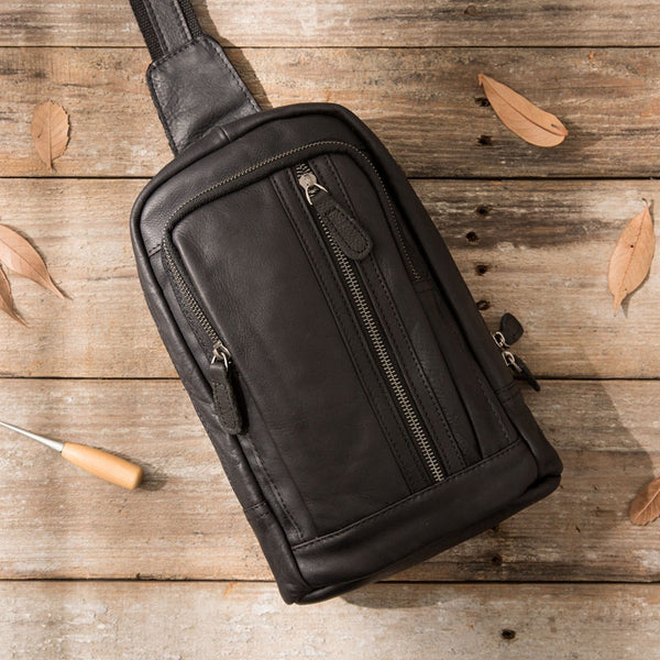 Leather Mens Black Sling Bag Sling Shoulder Bag Sling Backpack for men - iwalletsmen