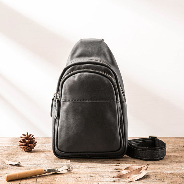 Leather Mens Black Sling Bag Sling Shoulder Bag Sling Backpack for men - iwalletsmen