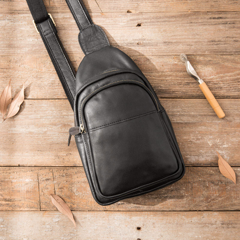 black leather sling backpack purse Leather Mens Black Sling Bag Sling Shoulder Bag Sling Backpack for men – iwalletsmen