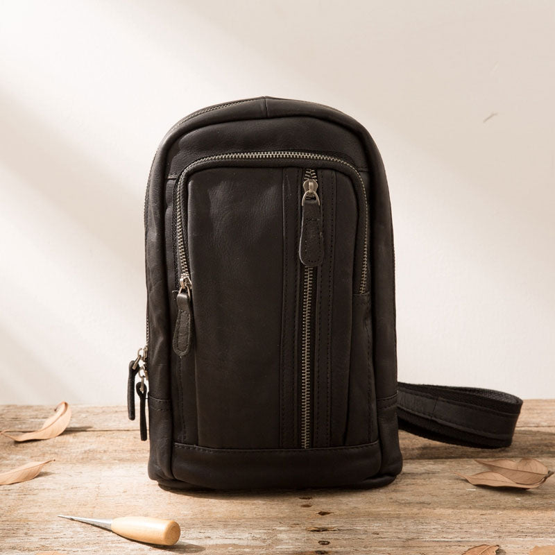 Leather Mens Black Sling Bag Sling Shoulder Bag Sling Backpack for men - iwalletsmen