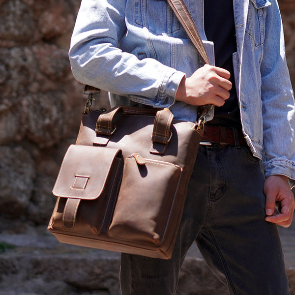 Leather Mens Briefcase Handbag Shoulder Bag Work Bag Business Bag for Men