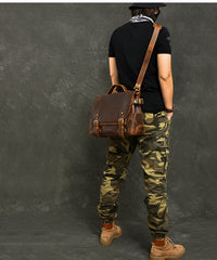 Leather Mens Brown Briefcase 12'' Laptop Briefcase Crossbody Side Bag Shoulder Bag For Men - iwalletsmen