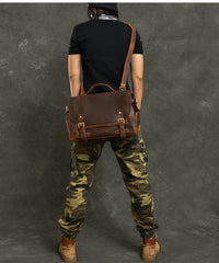 Leather Mens Brown Briefcase 12'' Laptop Briefcase Crossbody Side Bag Shoulder Bag For Men - iwalletsmen