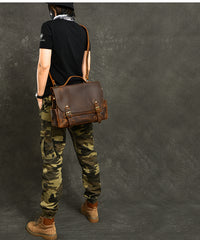 Leather Mens Brown Briefcase 12'' Laptop Briefcase Crossbody Side Bag Shoulder Bag For Men - iwalletsmen