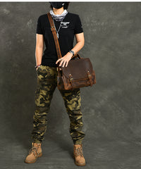 Leather Mens Brown Briefcase 12'' Laptop Briefcase Crossbody Side Bag Shoulder Bag For Men - iwalletsmen