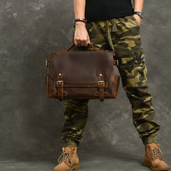 Leather Mens Brown Briefcase 12'' Laptop Briefcase Crossbody Side Bag Shoulder Bag For Men - iwalletsmen