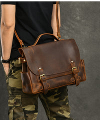 Leather Mens Brown Briefcase 12'' Laptop Briefcase Crossbody Side Bag Shoulder Bag For Men - iwalletsmen