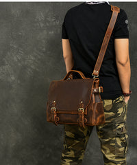 Leather Mens Brown Briefcase 12'' Laptop Briefcase Crossbody Side Bag Shoulder Bag For Men - iwalletsmen