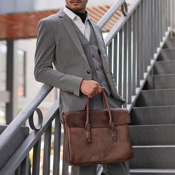 Leather Mens Brown Briefcase Handbag Shoulder Bag Work Bag Business Bag for Men
