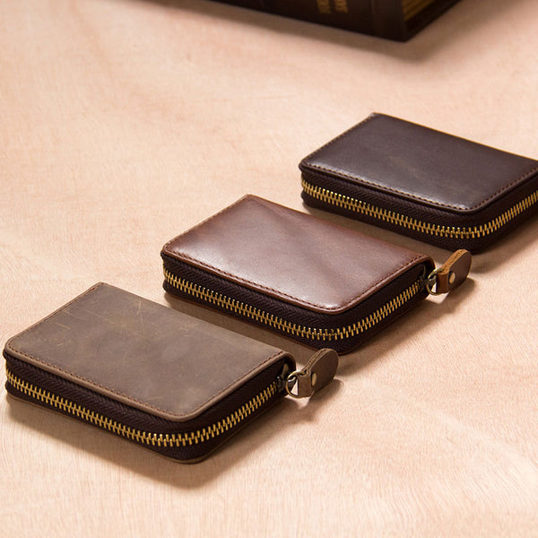 Leather Mens Card Wallet Zipper Vintage Coffee Brown Multi Card Change Wallet for Men