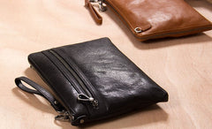 Leather Mens Clutch Wristlet Bag Black Shoulder Bag Zipper Clutch for Men