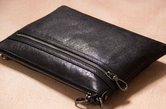 Leather Mens Clutch Wristlet Bag Black Shoulder Bag Zipper Clutch for Men