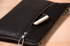 Leather Mens Clutch Wristlet Bag Black Shoulder Bag Zipper Clutch for Men