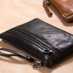 Leather Mens Clutch Wristlet Bag Black Shoulder Bag Zipper Clutch for Men