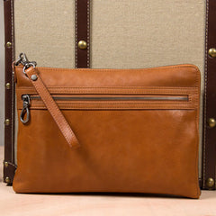 Leather Mens Clutch Wristlet Bag Brown Shoulder Bag Zipper Clutch for Men