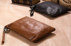 Leather Mens Clutch Wristlet Bag Black Shoulder Bag Zipper Clutch for Men