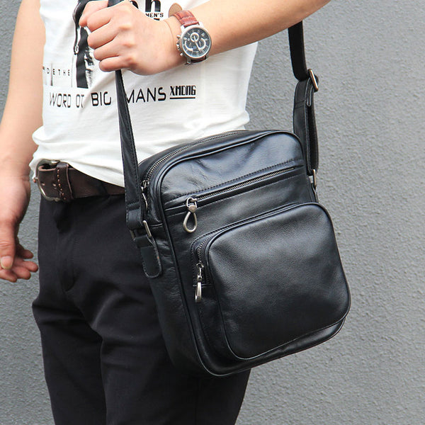 Leather Mens Cool Black Messenger Bag Shoulder Bag Crossbody Bag for Men