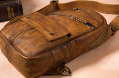 Leather Mens Cool Sling Bag Brown Crossbody Bag Chest Bag for men
