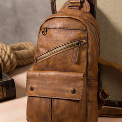 Leather Mens Cool Sling Bag Brown Crossbody Bag Chest Bag for men