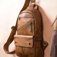 Leather Mens Cool Sling Bag Brown Crossbody Bag Chest Bag for men