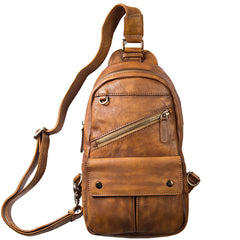 Leather Mens Cool Sling Bag Brown Crossbody Bag Chest Bag for men