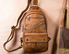 Leather Mens Cool Sling Bag Brown Crossbody Bag Chest Bag for men