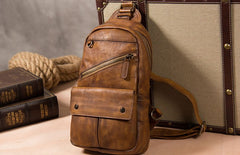 Leather Mens Cool Sling Bag Brown Crossbody Bag Chest Bag for men