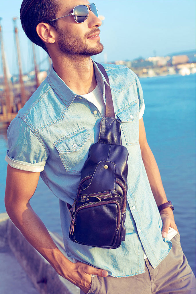 LV/v New Men Chest Bag Fashion Leather Crossbody Bag Casual Shoulder Bag  Personalized Simple Plaid