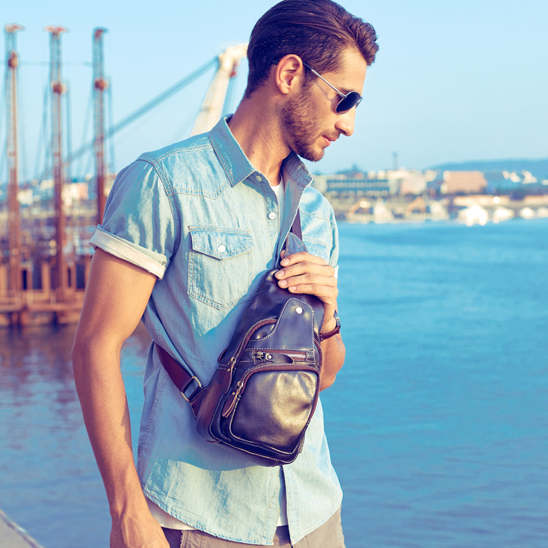 Cool Triangular Leather Mens Sling Bag Chest Bag Sling Crossbody Bag O –  iwalletsmen