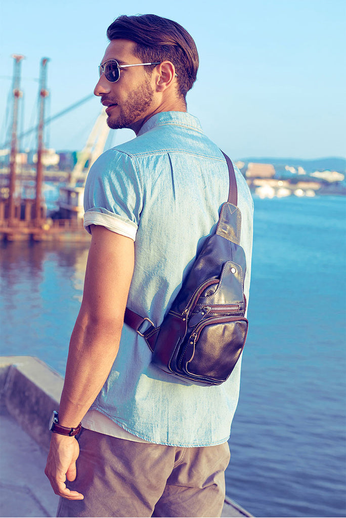 Leather Mens Cool Sling Bag Crossbody Bag Chest Bag for Men