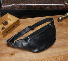 Mens Black Leather Crossbody Fanny Pack Mens Waist Bag Black Leather Hip Pack Leather Belt Bag For Men