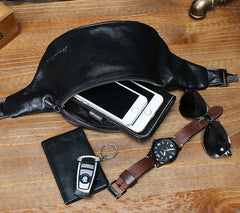 Mens Black Leather Fanny Pack Mens Waist Bag Black Leather Hip Pack Cross body Belt Bag For Men