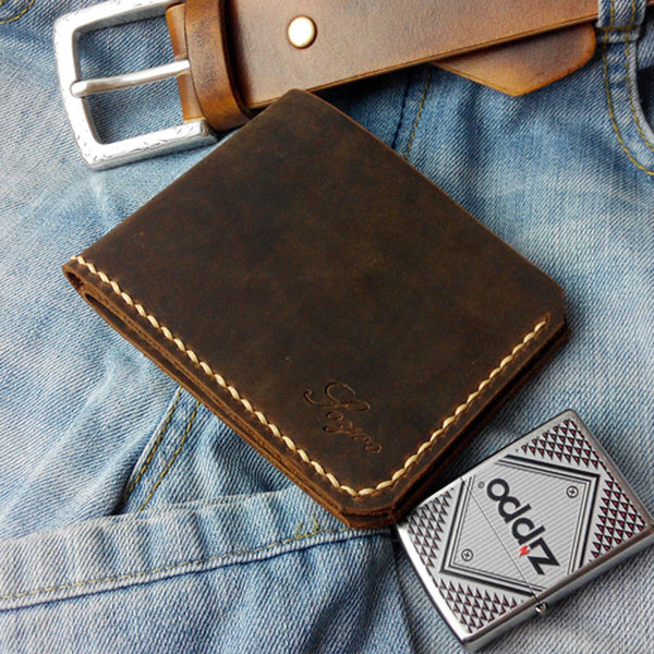 Leather Mens Slim Front Pocket Bifold Brown Small Wallets Card Wallet for Men - iwalletsmen