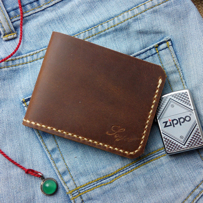 Leather Mens Slim Front Pocket Bifold Brown Small Wallets Card Wallet for Men - iwalletsmen