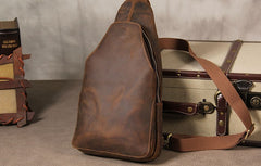 Leather Mens Sling Bag Cool Crossbody Bag Brown Chest Bag for men