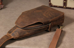 Leather Mens Sling Bag Cool Crossbody Bag Brown Chest Bag for men