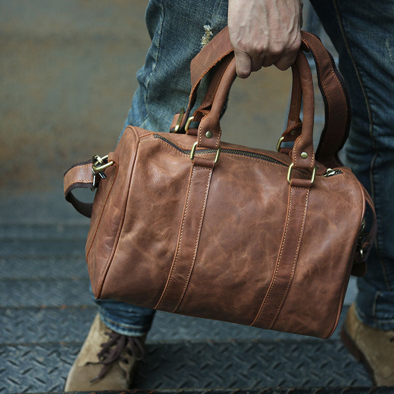 Brown Leather Duffle Bag Men Small Shoulder Travel Weekender 
