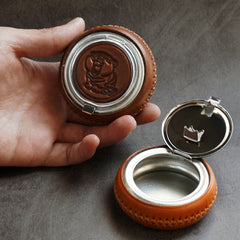 Coffee Leather&Stainless Steel Portable Ashtray Travel Mens Ashtray Pocket Cute Around Ashtray for Men