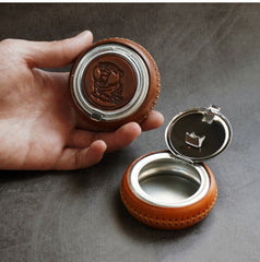 Brown Leather&Stainless Steel Portable Ashtray Travel Mens Ashtray Pocket Cute Around Ashtray for Men