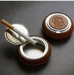 Black Leather&Stainless Steel Portable Ashtray Travel Mens Ashtray Pocket Cute Around Ashtray for Men