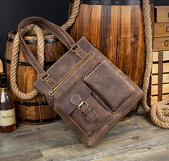 Casual Brown Leather 12 inches Shoulder Briefcase Work Bags Tote Bags for Men - iwalletsmen