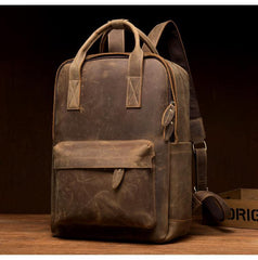 Cool Brown Mens Leather 15-inch Work Backpack Handbag Travel Backpack Computer Backpack for Men - iwalletsmen