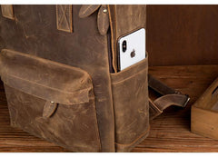 Cool Brown Mens Leather 15-inch Work Backpack Handbag Travel Backpack Computer Backpack for Men - iwalletsmen