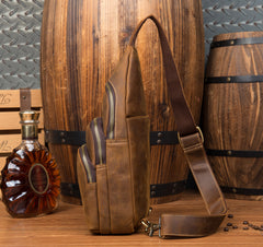 Casual Brown Leather Mens Sling Pack Sling Bags Chest Bag One Shoulder Backpack for Men - iwalletsmen