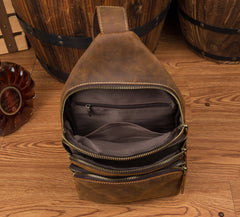 Casual Brown Leather Mens Sling Pack Sling Bags Chest Bag One Shoulder Backpack for Men - iwalletsmen