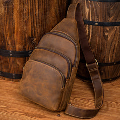 Casual Brown Leather Mens Sling Pack Sling Bags Chest Bag One Shoulder Backpack for Men - iwalletsmen